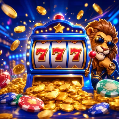 Vibrant cartoon-style slot machine with gold coins and stylish lion mascot, exuding energetic and playful casino atmosphere.